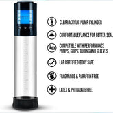 The Performance VX10 Smart Penis Pump - Clear by Blush Novelties features a clear acrylic cylinder, digital display, black accents, comfortable flange, automatic operation, accessory compatibility, and body-safe materials free of fragrance, paraffin, latex & phthalates.